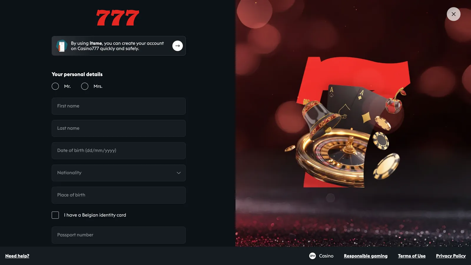 Dedykowane okno formularza rejestracji nowego konta gracza w 777 Casino